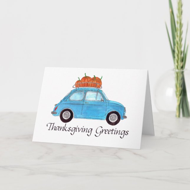 Happy Thanksgiving Blue Retro Fiat 500 Karte (Vorderseite)