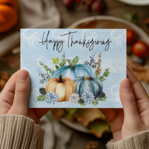 Happy Thanksgiving Blue Watercolor Pumpkin Postkarte
