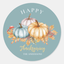 Happy Thanksgiving Blumenkürbis blau Runder Aufkleber
