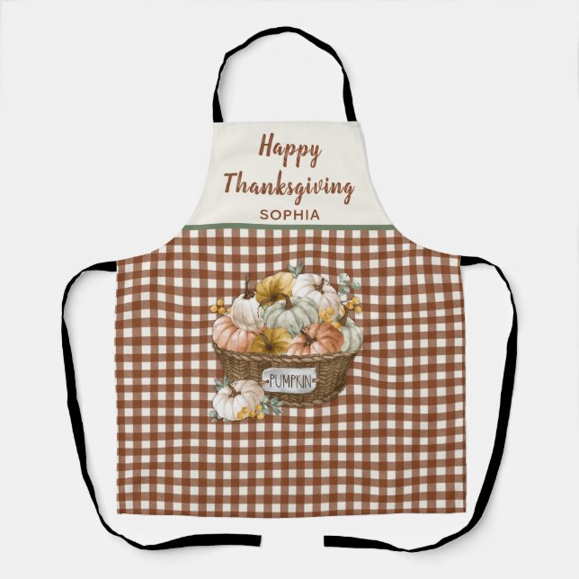 Happy Thanksgiving Brown Kariert Pumpkin Fall Schürze (Vorderseite)