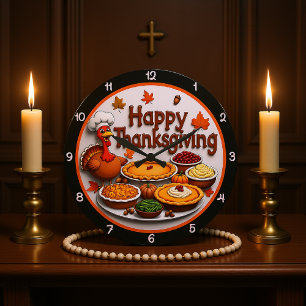 Happy Thanksgiving Cartoon Türkei Abendessen Große Wanduhr