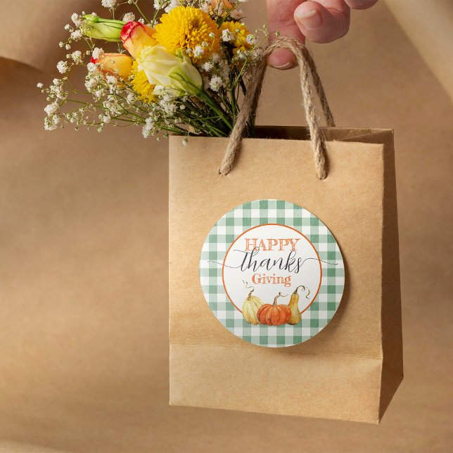 Happy Thanksgiving Checkered Tablecloth Pumpkins Runder Aufkleber (Von Creator hochgeladen)