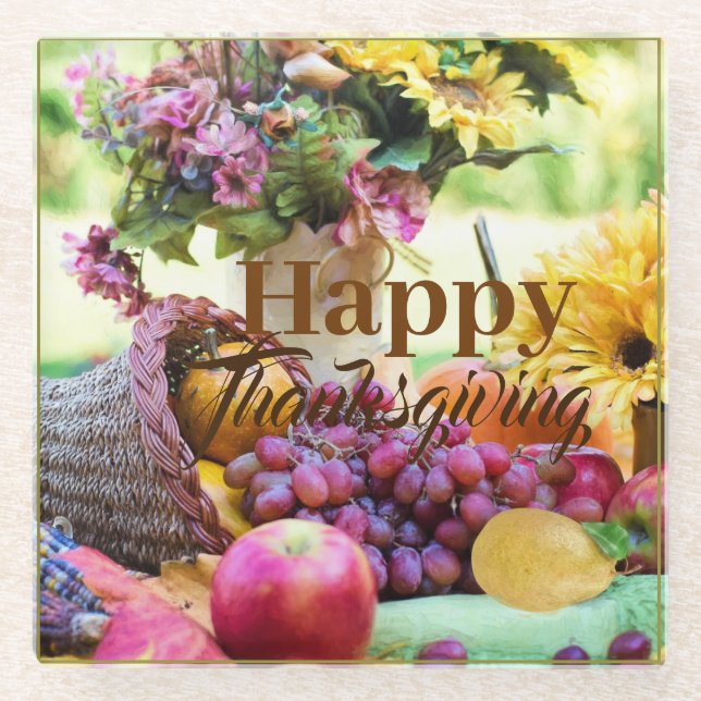 Happy Thanksgiving Cornucopia Früchte Trauben Apfe Glasuntersetzer (Vorderseite)