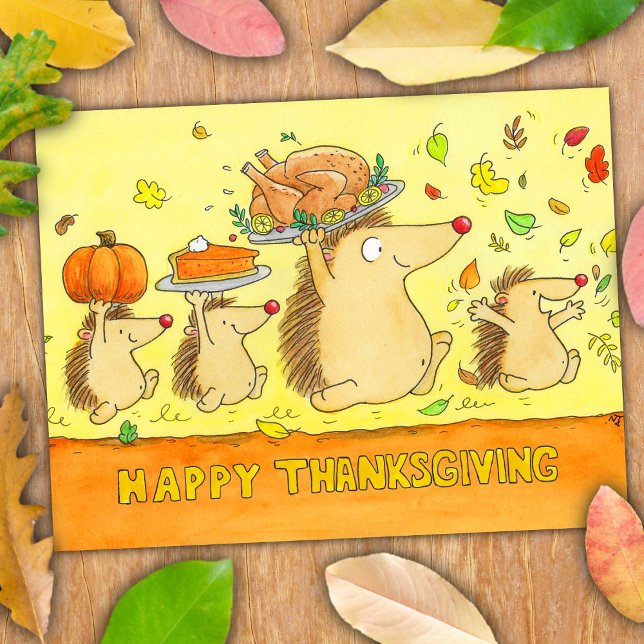 Happy Thanksgiving Cute Cartoon Hedgehogs Postkarte (Von Creator hochgeladen)