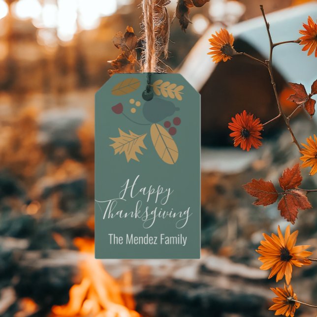 Happy Thanksgiving Fall Folk Greenery Brown Geschenkanhänger (Von Creator hochgeladen)
