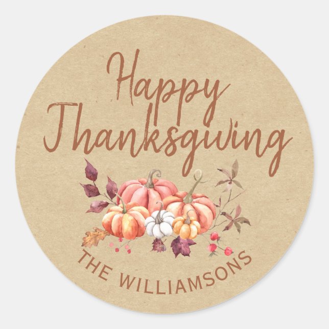 Happy Thanksgiving Fall Pumpkin Kraft Paper Runder Aufkleber (Vorderseite)