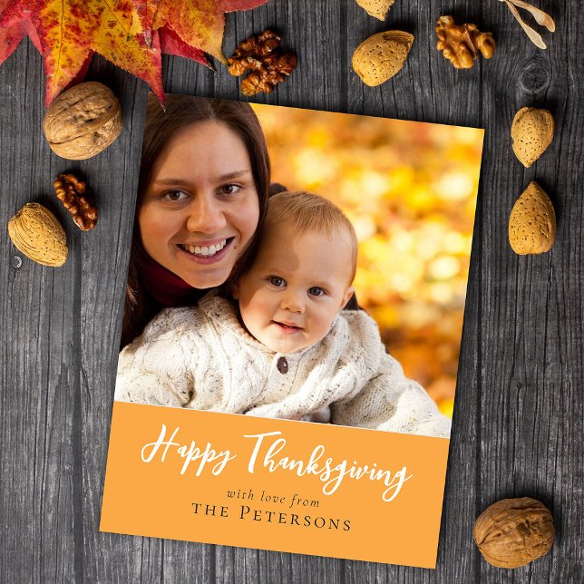 Happy Thanksgiving Family Foto Kalligrafie-Script Postkarte (Von Creator hochgeladen)