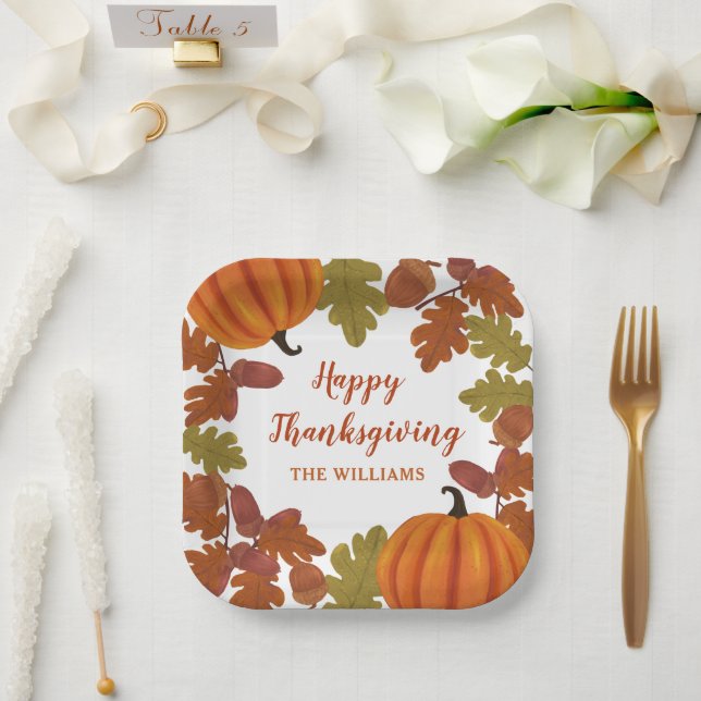 Happy Thanksgiving Family Name Herbst Pappteller (Hochzeit)