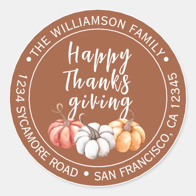 Happy Thanksgiving Family Name Rücksendeadresse Runder Aufkleber (Vorderseite)