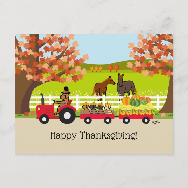 Happy Thanksgiving Fox Red Labrador Tractor Postkarte (Vorderseite)