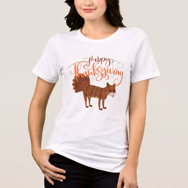 Happy Thanksgiving Funny Cat mit Türkei Schwanz Tri-Blend Shirt (Vorderseite)