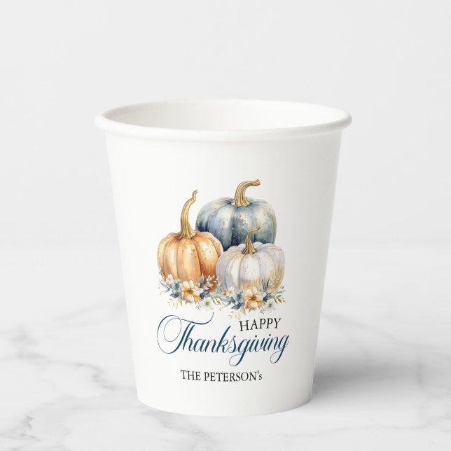 Happy Thanksgiving Gold Orange Blue Pumpkins Pappbecher (Vorderseite)