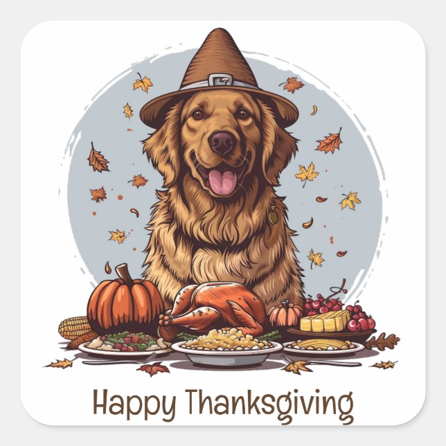 Happy Thanksgiving Golden Retriever Dog Quadratischer Aufkleber (Vorderseite)