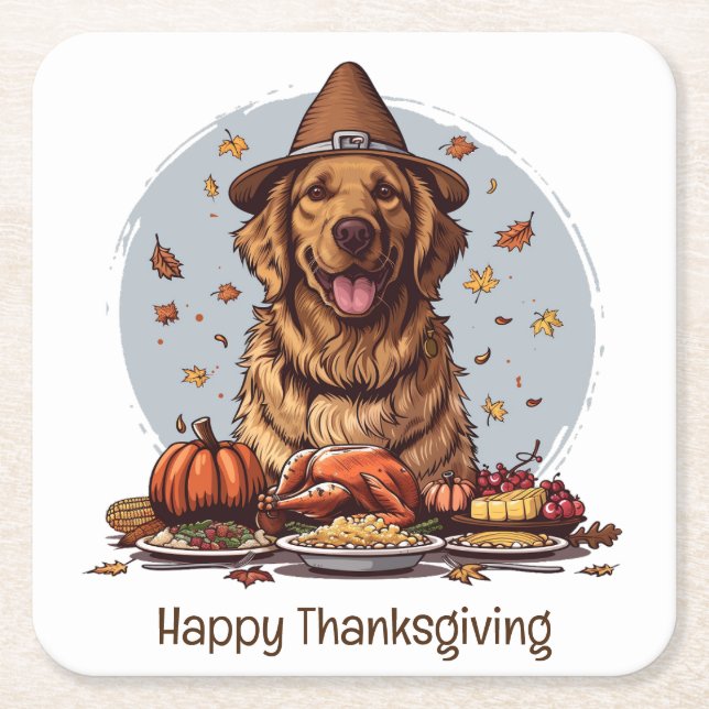 Happy Thanksgiving Golden Retriever Dog Rechteckiger Pappuntersetzer (Vorderseite)