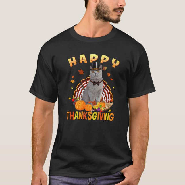 Happy Thanksgiving Gray Cat Türkei Pilgrim Hat Ho T-Shirt (Vorderseite)