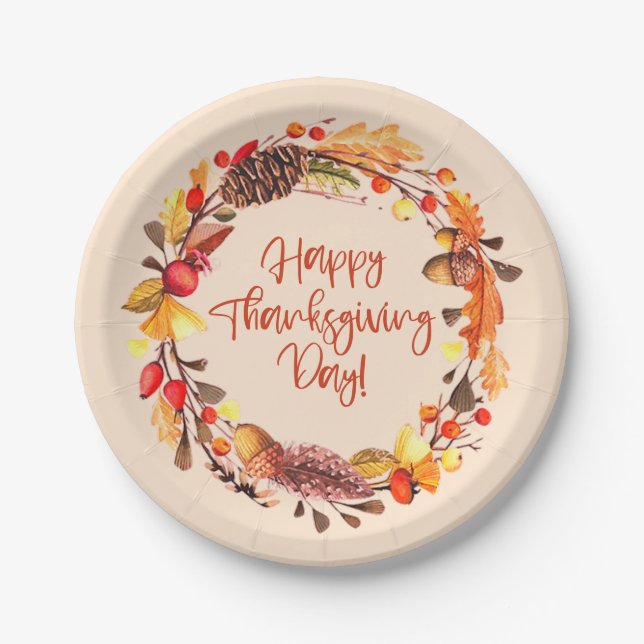 Happy Thanksgiving Herbstlaube Wreath Party Dekora Pappteller (Vorderseite)