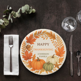 Happy Thanksgiving-Kürbis fallen Blätter beige Pappteller