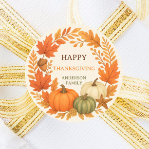 Happy Thanksgiving-Kürbis fallen Blätter beige Runder Aufkleber