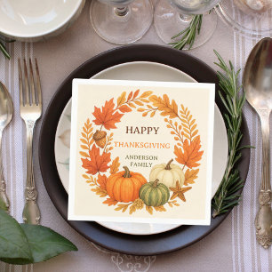 Happy Thanksgiving-Kürbis fallen Blätter beige Serviette