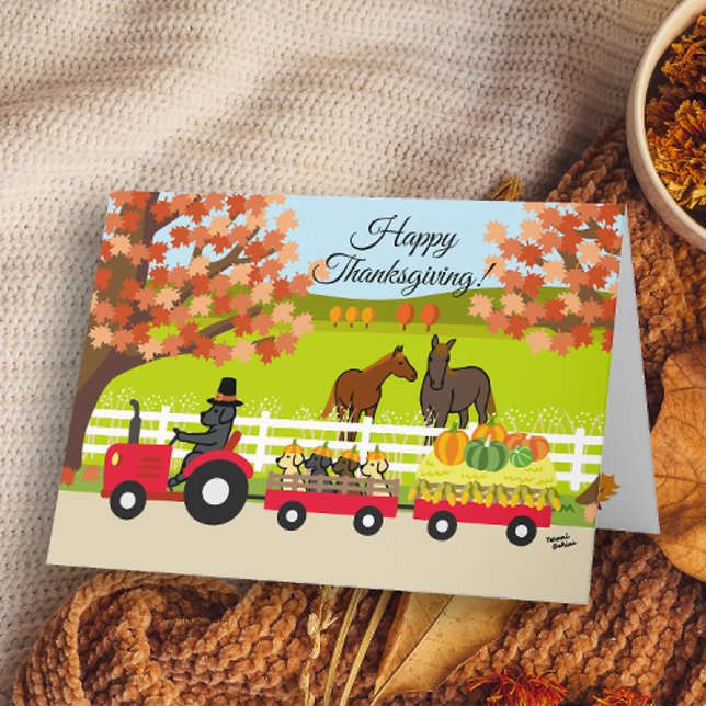Happy Thanksgiving Labradors and Traktor Card Karte (Happy Thanksgiving Labrador and Tractor Design Card for Black Labrador Owners.)