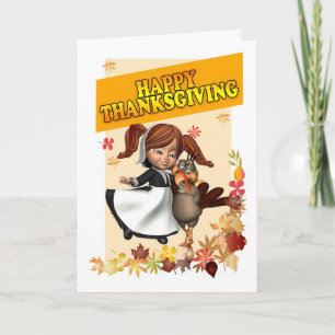 Happy Thanksgiving Little Pilgrim Girl Feiertagskarte