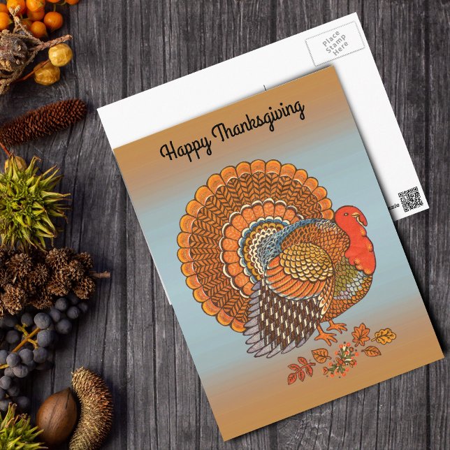  Happy Thanksgiving Male Turkey Fanned Tail Orange Postkarte (Male turkey orange browns in Autumn leaves fanned tail orange blue Thanksgiving postcard.)