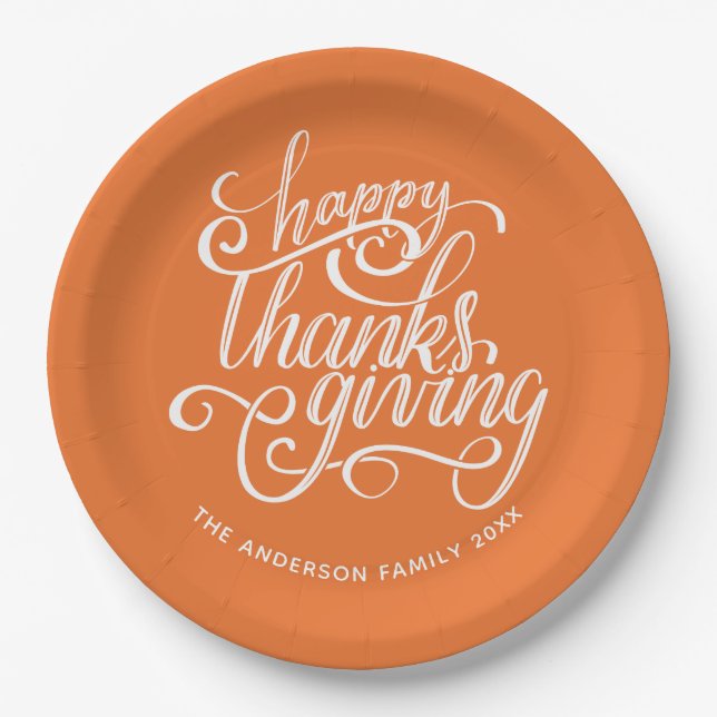 Happy Thanksgiving Modern Script Harvest Orange Pappteller (Vorderseite)