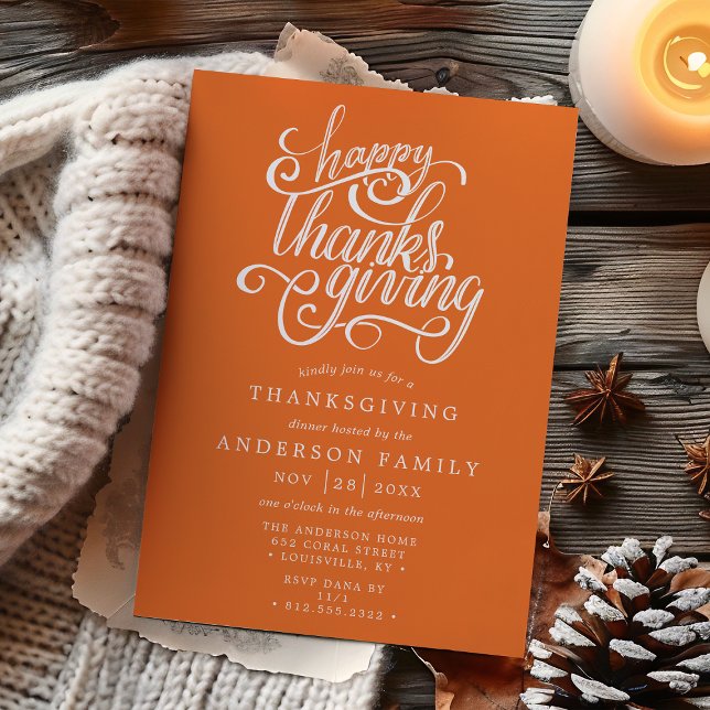 Happy Thanksgiving Modern Script Orange Dinner Einladung (Von Creator hochgeladen)