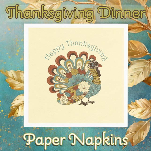 Happy Thanksgiving Moderner Mute Fall Türkei Serviette (Thanksgiving Dinner Paper Napkins with Muted Fall Colored Turkey)
