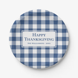 Happy Thanksgiving Name Blue White Gingham Kariert Pappteller