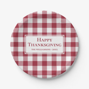 Happy Thanksgiving Name Burgundy Gingham Kariert Pappteller