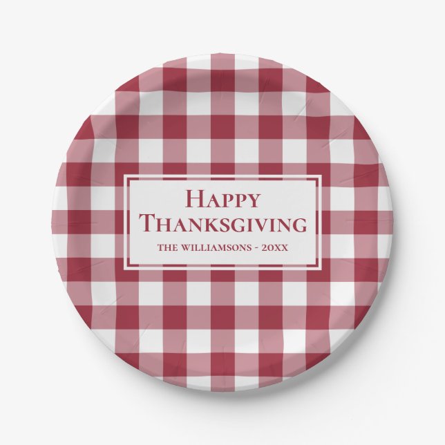 Happy Thanksgiving Name Burgundy Gingham Kariert Pappteller (Vorderseite)
