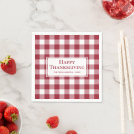 Happy Thanksgiving Name Burgundy Gingham Karo Serviette