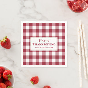 Happy Thanksgiving Name Burgundy Gingham Karo Serviette