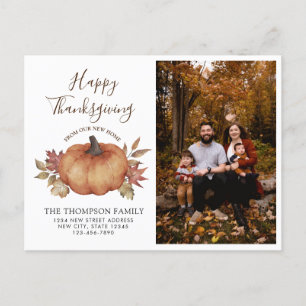 Happy Thanksgiving New Zuhause Pumpkin Moving Foto Ankündigungspostkarte