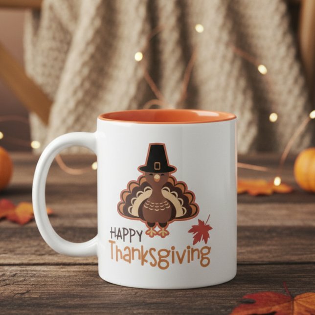 Happy Thanksgiving Niedlich Pilgrim Türkei Zweifarbige Tasse (Happy Thanksgiving Cute Pilgrim Turkey Two-Tone Coffee Mug)