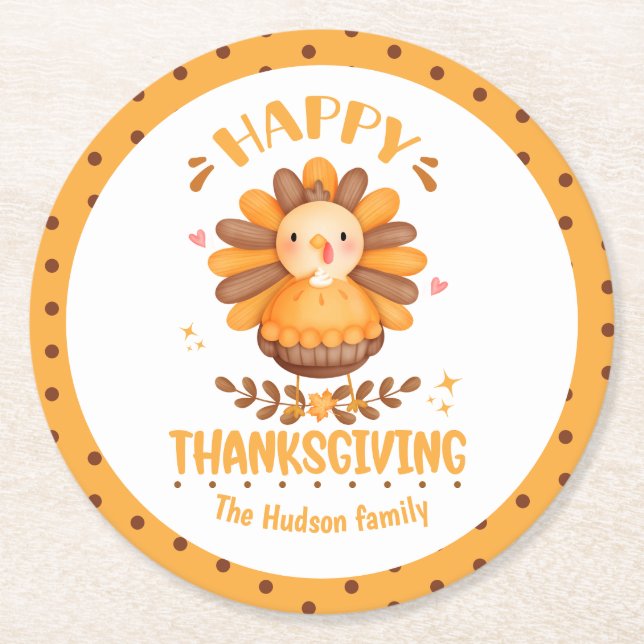 Happy Thanksgiving Niedliches Trendpapier Unterset Runder Pappuntersetzer (Vorderseite)