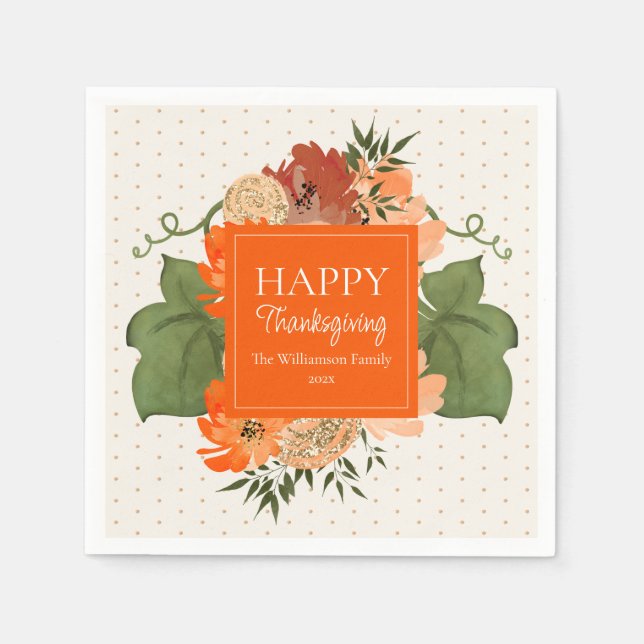 Happy Thanksgiving Orange Floral Custom Napkins Serviette (Vorderseite)