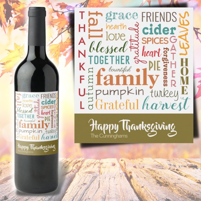 Happy Thanksgiving Orange Teal Modern Typography Weinetikett (Von Creator hochgeladen)