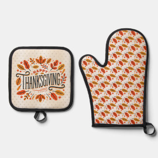 Happy Thanksgiving Orange Yellow Herbstlaubs Ofenhandschuh & Topflappen-Set