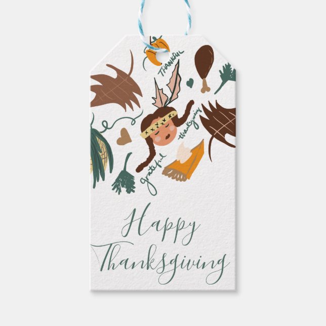 Happy Thanksgiving Pilgrim Fall Greenery Doodles Geschenkanhänger (Vorderseite)