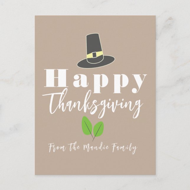 Happy Thanksgiving Pilgrim Hat Greenery Script Postkarte (Vorderseite)