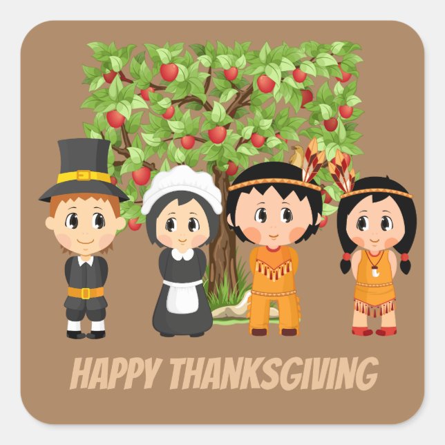 Happy Thanksgiving Pilgrims Amerikanischen Ureinwo Quadratischer Aufkleber (Vorderseite)