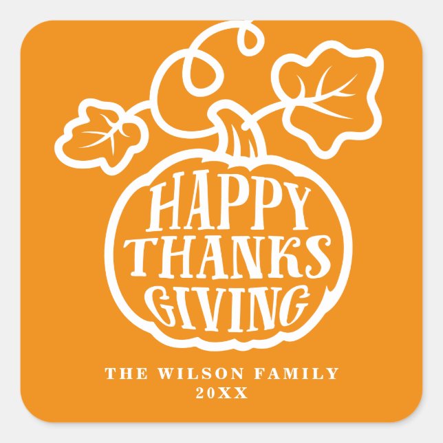 Happy Thanksgiving Pumpkin Lettering Orange Quadratischer Aufkleber (Vorderseite)