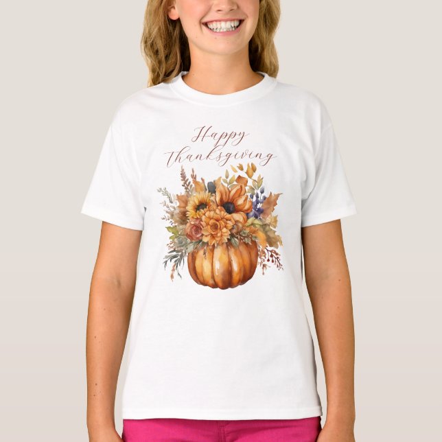 Happy Thanksgiving Pumpkin und Blume- T-Shirt (Vorderseite)