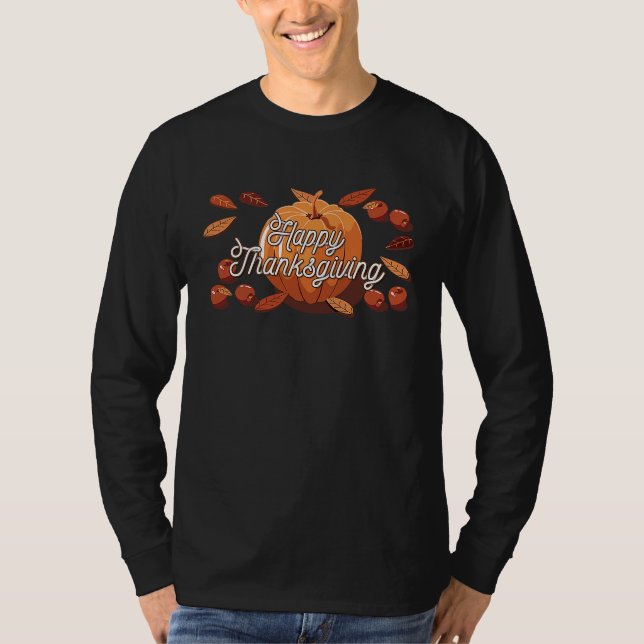 Happy Thanksgiving Pumpkin With Autumn Leaves T-Shirt (Vorderseite)