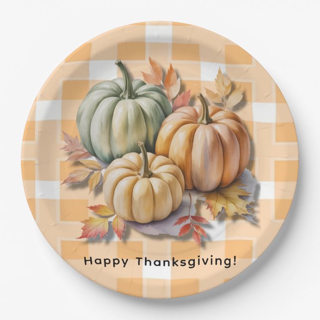 Happy Thanksgiving Pumpkins & Autumn Leaves Pappteller (Vorderseite)