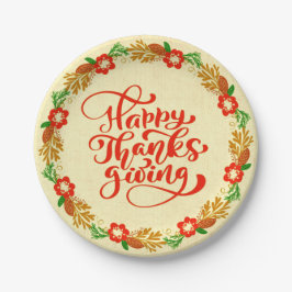 Happy Thanksgiving Red Gold Wreath 7" Pappteller