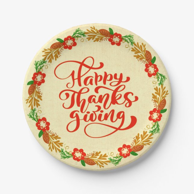 Happy Thanksgiving Red Gold Wreath 7" Pappteller (Vorderseite)