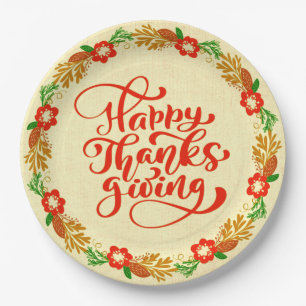 Happy Thanksgiving Red Gold Wreath 9" Pappteller